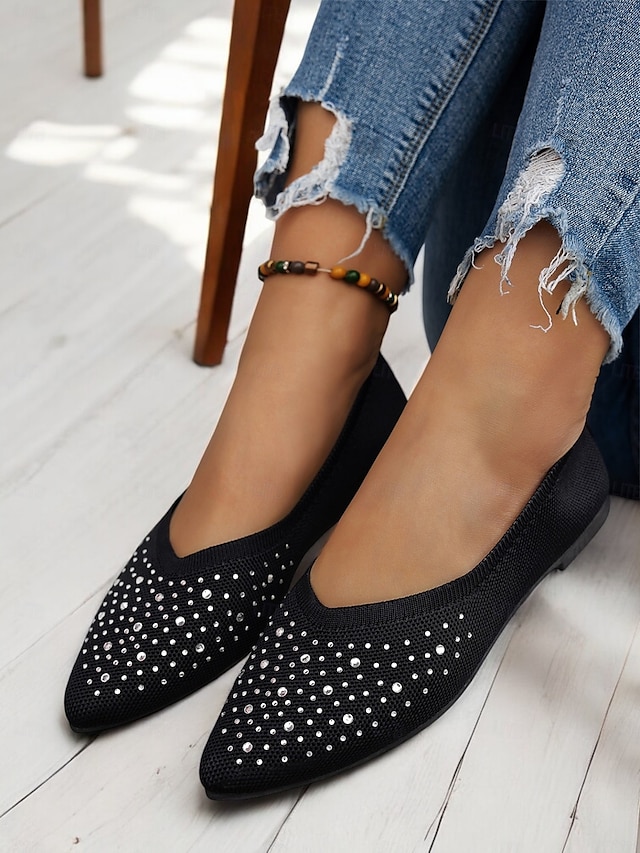  pantofi de damă flyknit cu strasuri cu vârf ascuțit - pantofi eleganti, strălucitori, pentru ocazii speciale și purtare zilnică