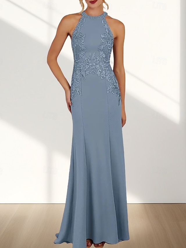  Abito da damigella a sirena / tromba, scollo a giro / collo all'americana, senza maniche, elegante, in chiffon con strascico a ruota e applicazioni 2025
