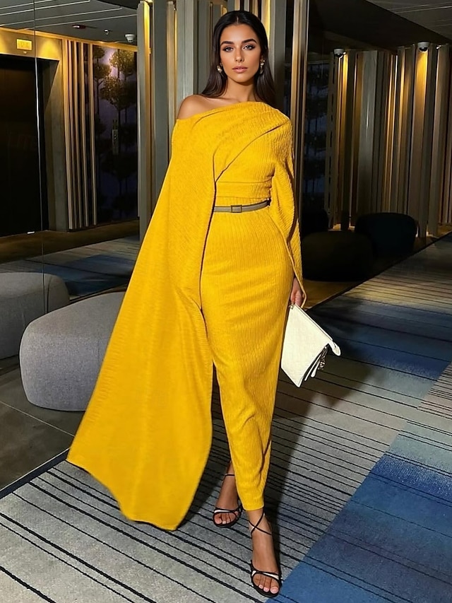  Robe de soirée jaune élégante, robe de mariée formelle, longueur au sol, manches longues, col bateau, crêpe extensible avec châle fendu, 2025