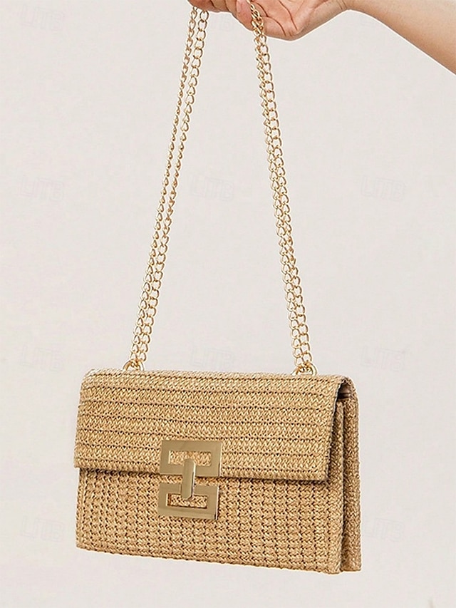  Damen-Umhängetasche aus gewebtem Stroh mit goldenem Kettenriemen – elegante Sommer-Clutch für Strand-, Urlaubs- und Resort-Outfits