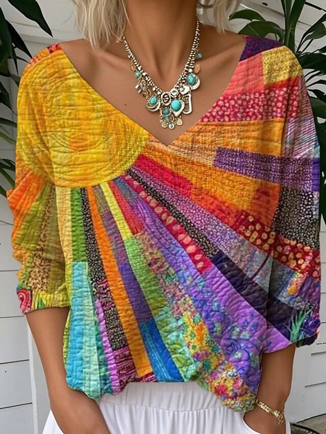 Women's Blouse Floral Graphic Striped Stylish Casual 3/4 Length Sleeve V Neck Regular Tops Daily Blue Orange Summer Spring3