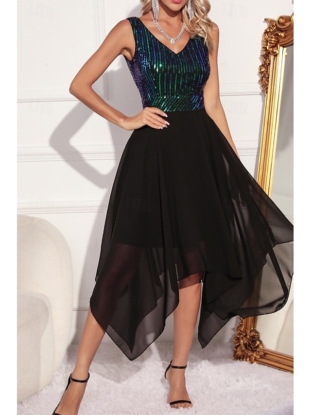  Femmes Robe Midi Robes à paillettes Robe de Soirée Robe Élégante Mode Soirée Coupe régulière Bloc de Couleur Sans manches Col en V Vert Abricot Été