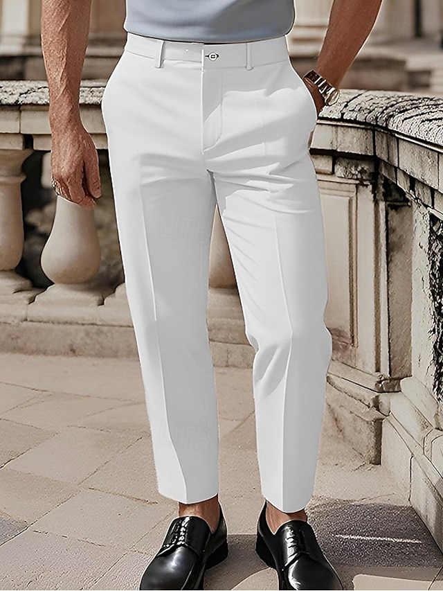  Men's Cotton Pants Chinos Slacks Buttons Pocket Plain Comfort Formal Party Work Fashion Classic Style Black White Micro-elastic