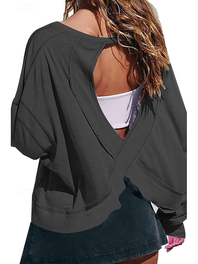  Damen Bluse Oberteil mit Ösen Einfach Modern Lässig Langarm Rundhalsausschnitt Normale Oberteile Täglich Ferien Ausgehen Ausschnitt Weiß Dunkelgray Aprikose Sommer