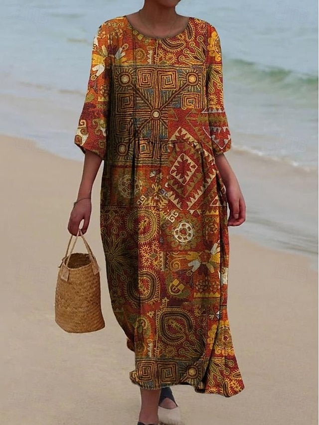  Femmes Robe maxi Robe fourreau Robe trapèze Vacances Occasionnel Boho Sortir Plage Coupe Standard Fleuri Graphique Sans manches Col en U Bordeaux Rouge Bleu Été Printemps