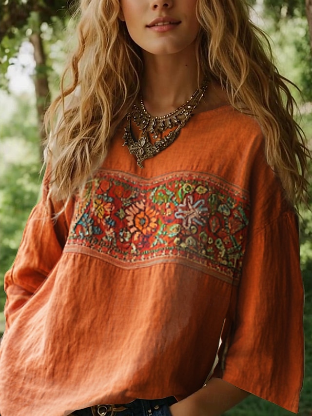  Damen Bluse Blumen Grafik Bohemien Täglich Ethnisch Dreiviertelarm Rundhalsausschnitt U-Boot-Ausschnitt Normale Oberteile Täglich Ferien Urlaubskleidung Druck Schwarz Rote Orange Beige Sommer Frühling