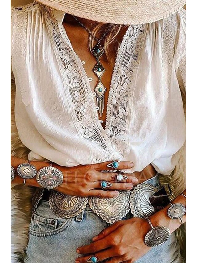 Women's Blouse Lace Tops Plain Modern Casual Long Sleeve V Neck Regular Tops Holiday Going out Lace White Summer4