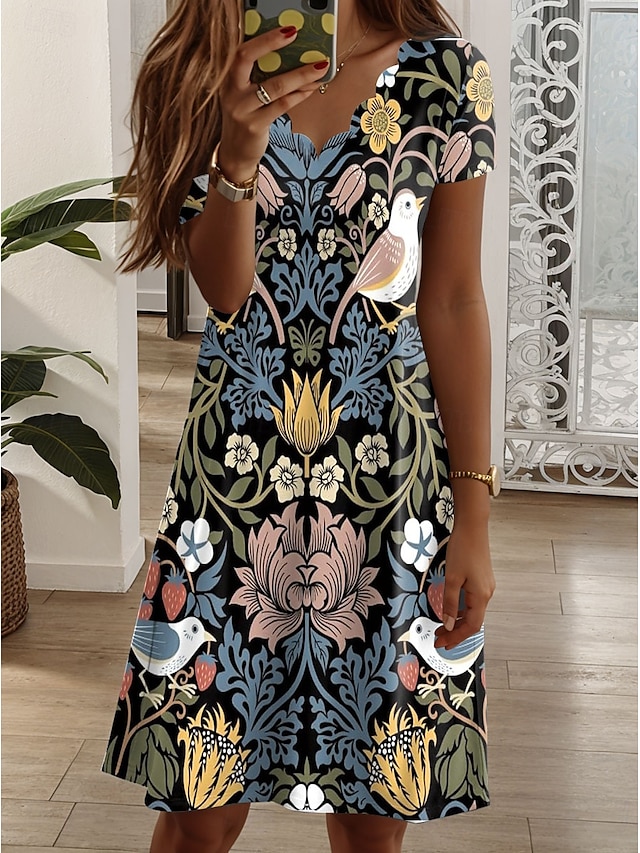  Pentru femei Rochie Mini Rochii Tricou Rochie A line Rochie de vară Casual Zilnic Fit regulat Floral Grafic Pasăre Manșon scurt În V Roz Îmbujorat Albastru piscină Mov Vară