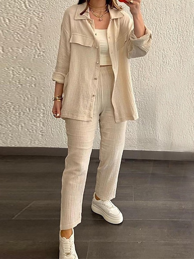  Femmes Mode Streetwear Ensembles en coton et lin Ensembles deux pièces Ensembles de Pantalons manche longue Col de chemise Uni Tenue quotidienne Date Rose Claire Vert Beige Été Coupe régulière