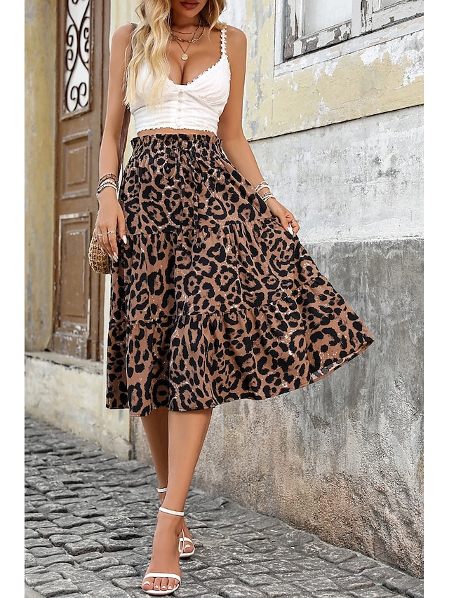  Femmes Jupe Mode Boho Midi Taille Basse Jupes Léopard Imprimé Micro-Élastique Vacances Rue Marron Été Polyester