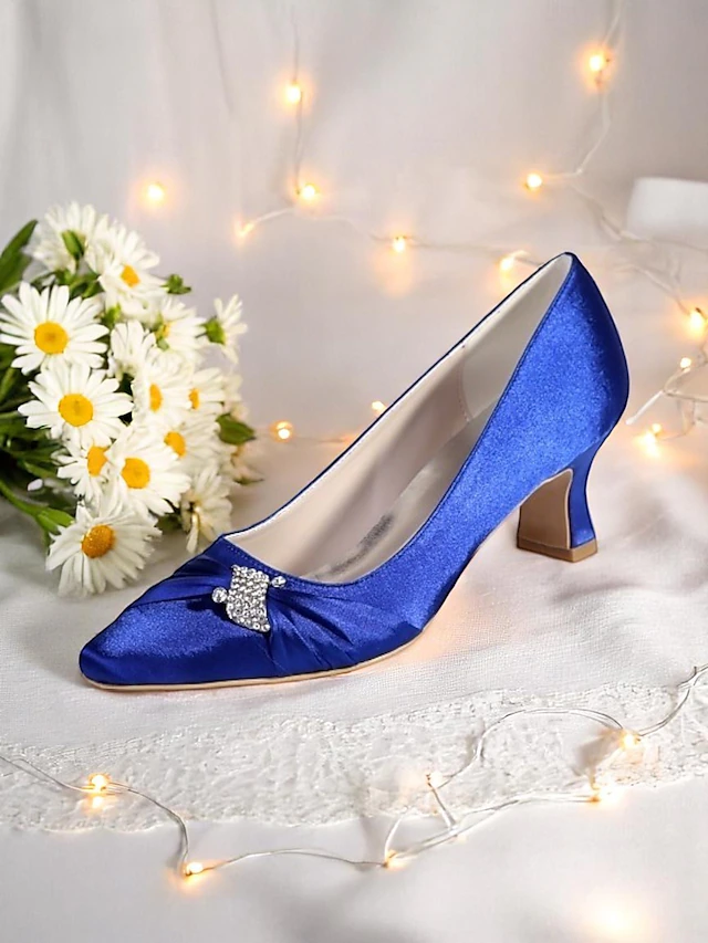 Women's Royal Blue Satin Kitten Heels with Rhinestone Bow – Elegant Pointed Toe Pumps for Cocktail Parties, Weddings, and Evening Events 11