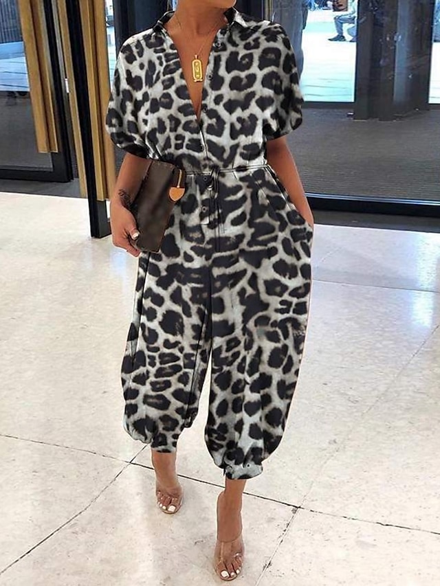  Frauen Jumpsuit Aktiv Leopard Halbarm Hemd Kragen Hoch geschnitten Urlaub Täglich Regelmäßiger Schnitt Schwarz Braun Khaki Sommer