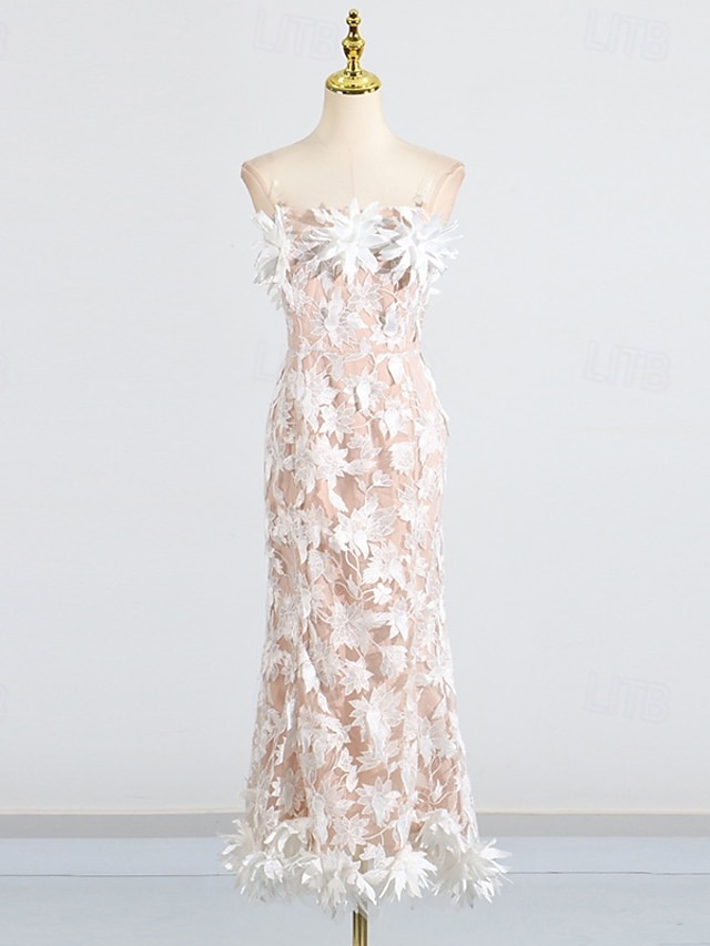  Vestidos sheath  columna vestido rosa caliente invitada de boda vestido de cóctel sin mangas hombros descubiertos flores con encaje bordado