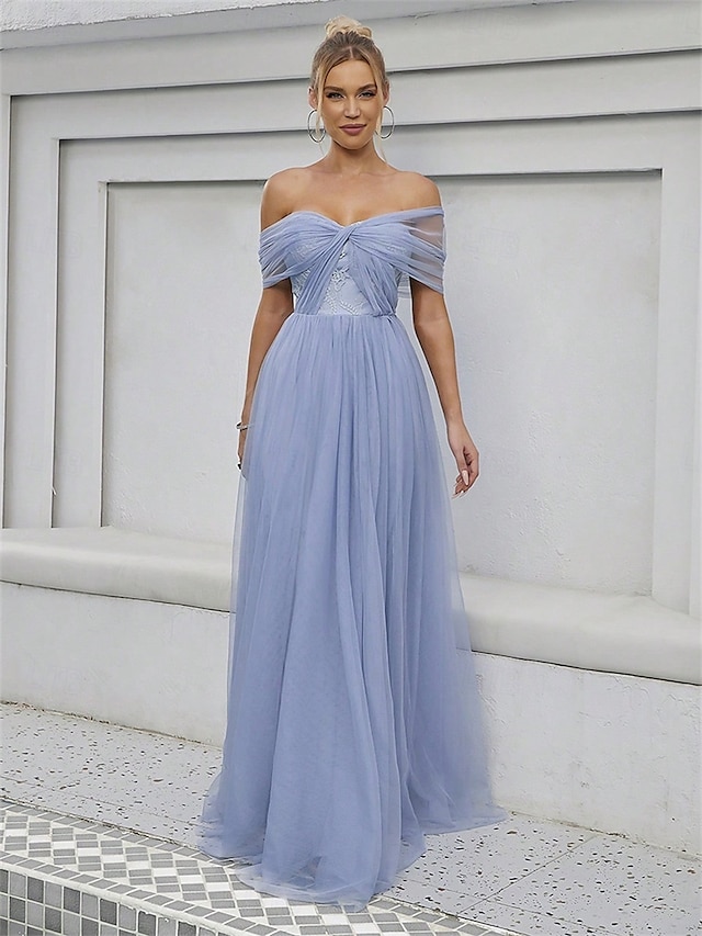  A-linje Tärnklänning Off Shoulder Ärm-lös Elegant Golvlängd Tyll med Enfärgad