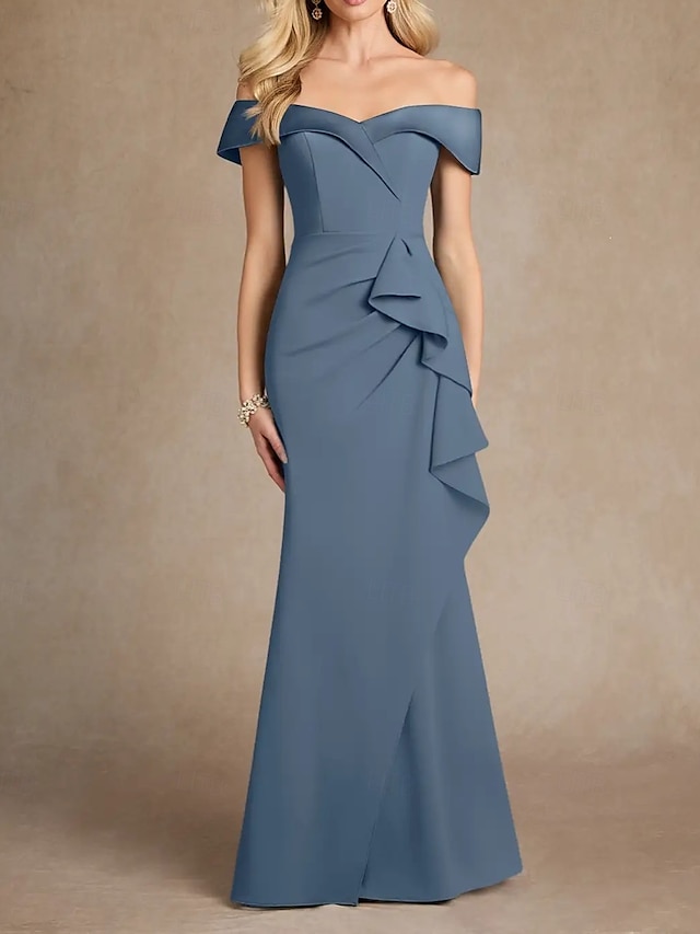  Abito da damigella a sirena/tromba, con spalle scoperte, manica corta, elegante, lungo fino al pavimento, tessuto elasticizzato con volant/arricciature 2025