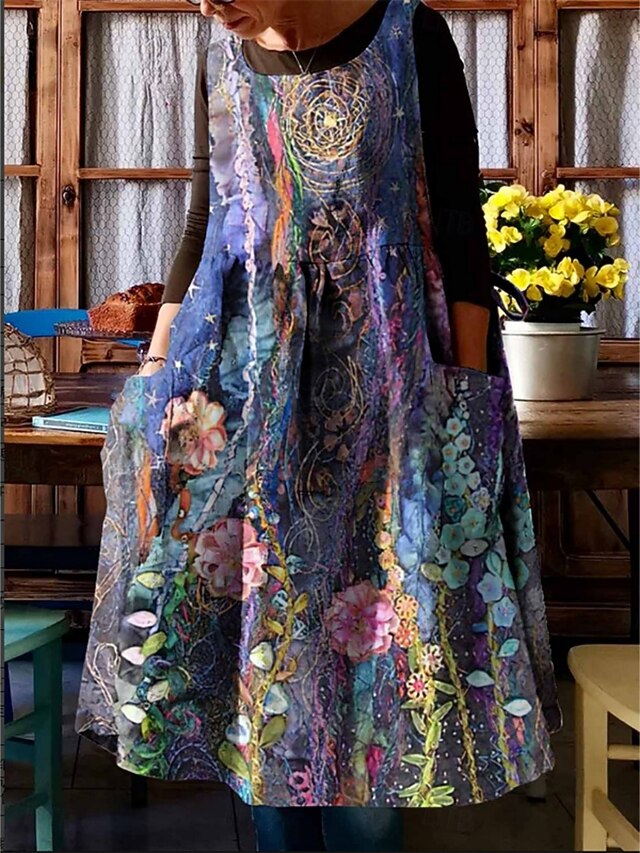 Women's Midi Dress Casual Dress Cotton Linen Dress Summer Dress Print Dress Fashion Modern Daily Weekend Regular Fit Floral Sleeveless Crew Neck Red Royal Blue Summer4