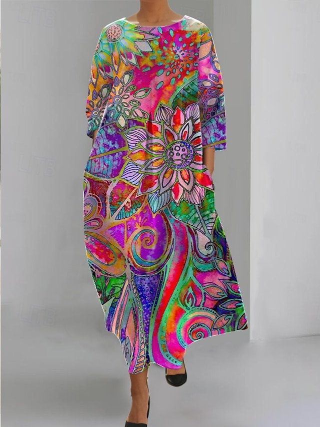  Damskie Sukienka maxi Sukienka letnia Sukienka A line Letnie sukienki Urlop Codzienny Styl plażowy Codzienny Święto Wyjściowe Luźna Graficzny Ważka Krótki rękaw Półgolf Fioletowy Brązowy Zielony Lato