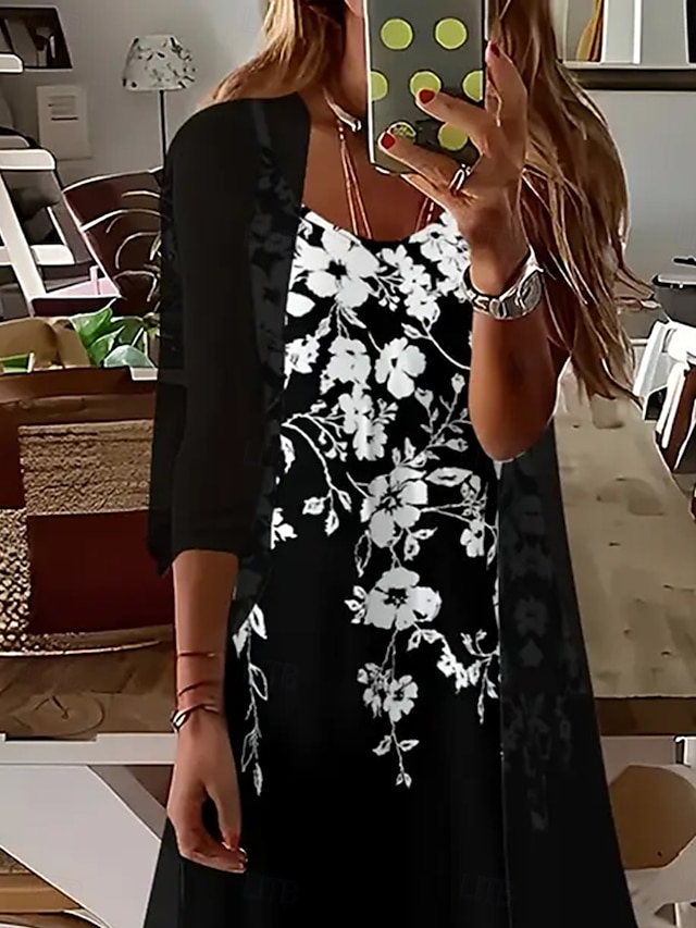  Kvinders Kjole Sæt Maxi Kjole A-Line Kjole Sommer Kjole Ferie Boho Ombre Blomster Print 3/4 Længde Ærme Crew Hals Udendørs Daglig Sort Sommer Forår Regular Fit