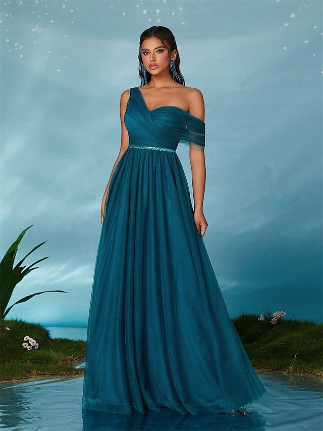  A-Line Vestidos de Quinceañera Vestido de Fiesta Boda Invitada Boda Largo Sin Mangas Cuello en V Tul Sin Espalda con Pliegues