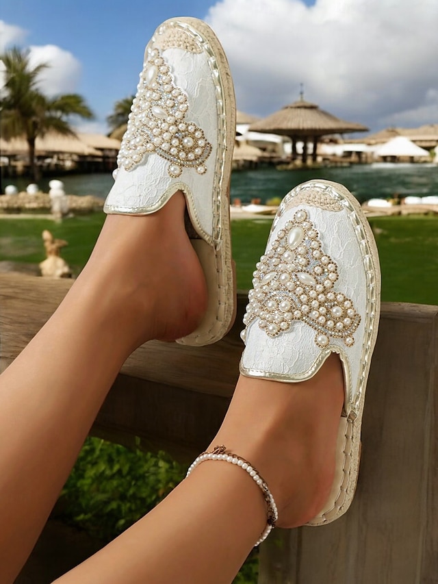  Women's Luxury Pearl Embellished Black Slide Sandals – Elegant Boho Summer Flats for Beach Weddings, Vacations, Festivals, and Resort Wear