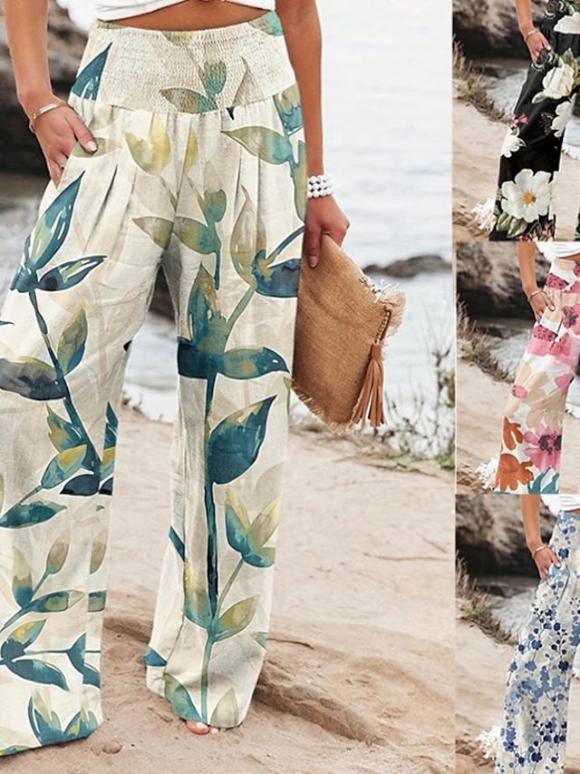  Dam Brett skaft Byxor av linne i bomull Byxor Streetwear Ledigt Fullängd Naturlig Blommig Ficka Tryck Bekväm Utomhus Utomhus Semester Gata Svartgrå Orangeröd Skogsgrön Fördjupad grön Sommar Normal