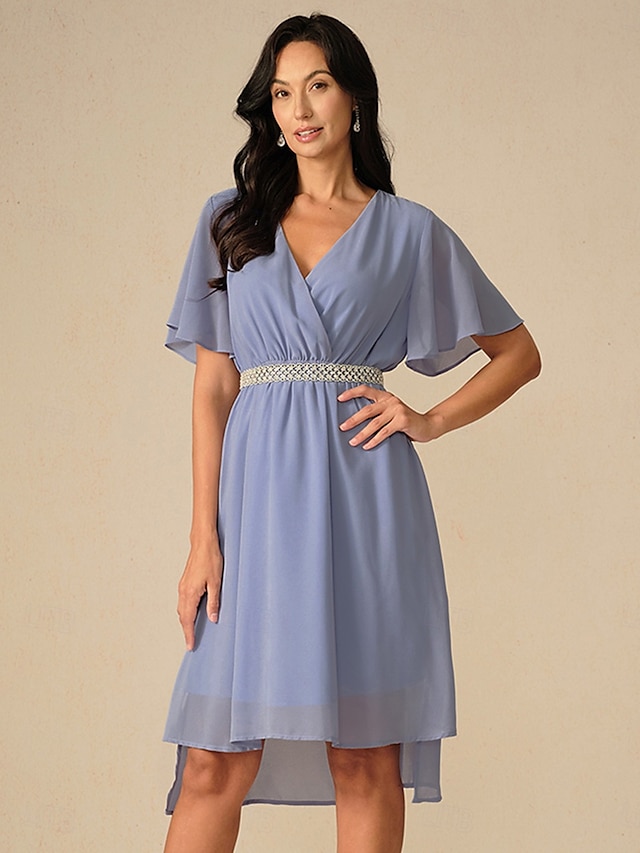  Femmes Robe Longueur Genou Robe de demoiselle d'honneur Robe trapèze Élégant Manche à volant robe demoiselle d honneur Cocktail Coupe régulière Uni Manche Courte Col en V Rose Claire Bleu Vert Été