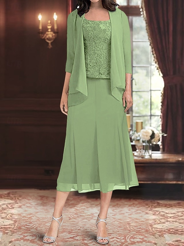  Ensembles de Robes Robe de Mère de Mariée  Élégant Simple Col carré Longueur thé Polyester Manche 3/4 avec Couleur Unie 2025