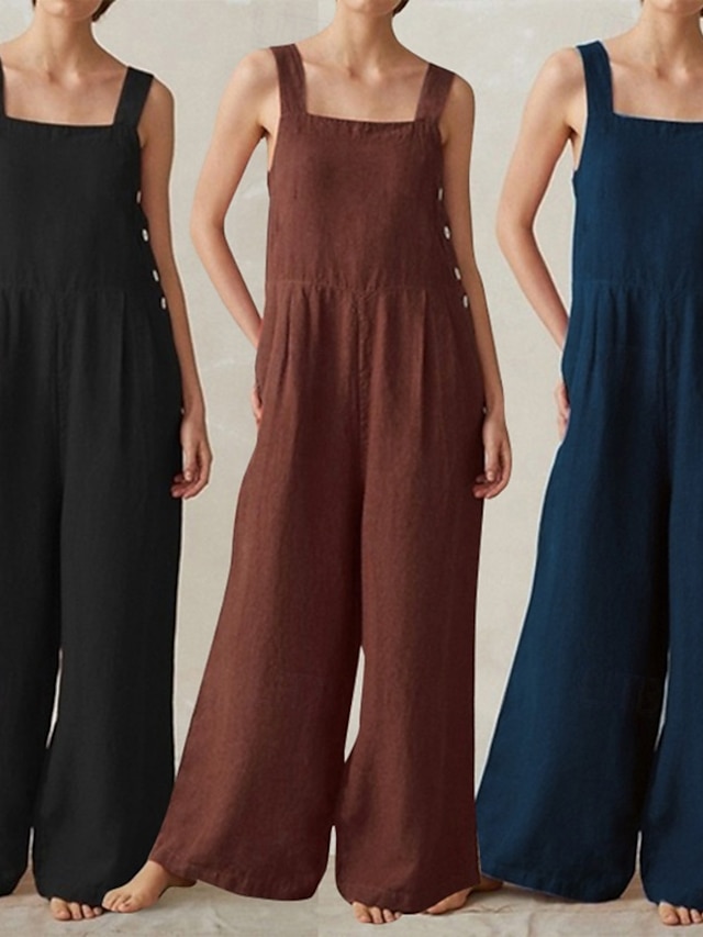  Femmes Normal Pantalon inspiré du lin Streetwear Couleur Unie Sans manches Col en U Avec Poches Rue Quotidien Coupe régulière Noir Rouge Bleu Été
