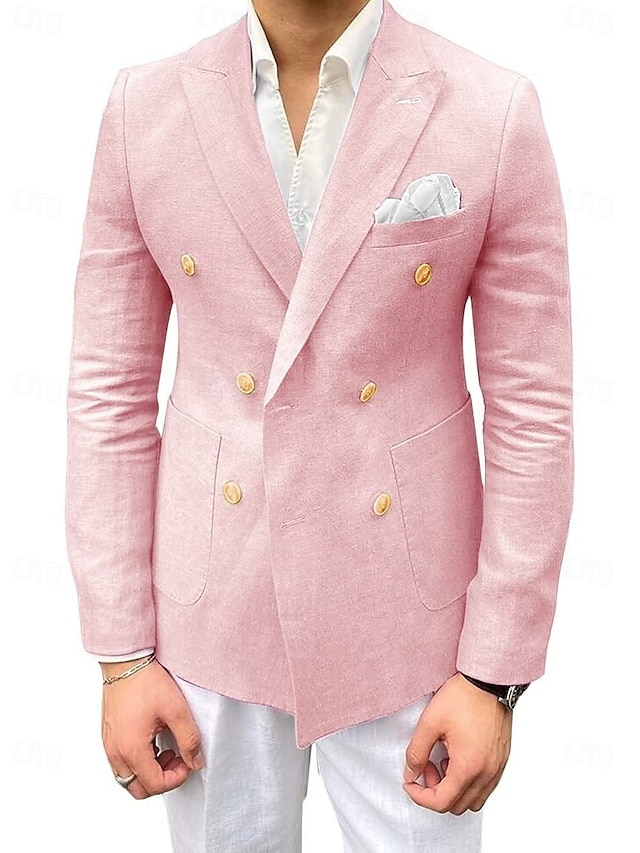  Blazer Masculino de Linho Casuais Moda Verão com Cor Sólida Preto Rosa Caqui Ajuste Sob Medida com Botões Duplos