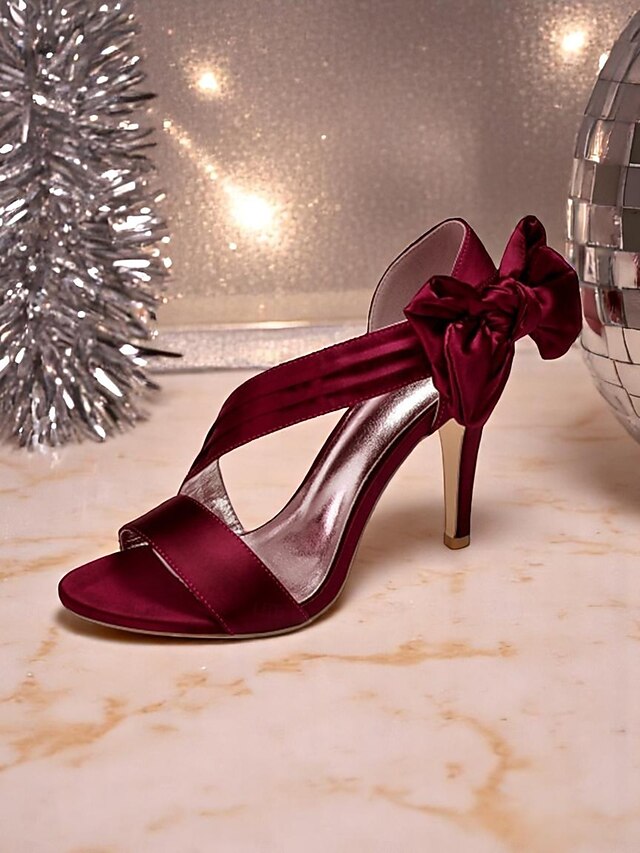 Women's Burgundy Satin High Heels – Elegant Open-Toe Cocktail Sandals with Crisscross Straps and Bow for Weddings and Parties 16