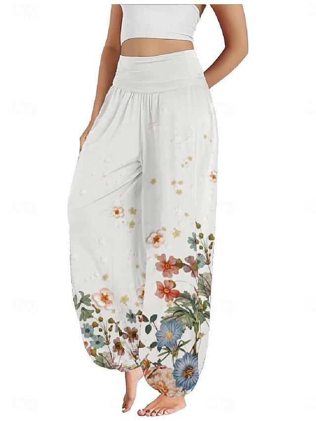  Dam Linneinspirerade byxor Brett skaft Byxor Etnisk Stil Ledigt Boho Fullängd Hög midja Blommig Ficka Elastisk midja Tryck Mateial som andas Mjuk Microelastisk Utomhus Yoga Vit Gul Rosa Purpur Sommar
