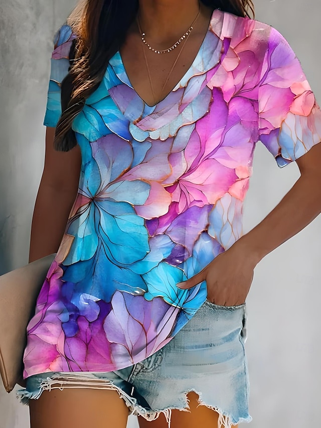  Ženské T Tričko Letní Topy Tie Dye Tropický Roztomilý Havajský Bez Rukávu Krátký Rukáv V Výstřih Běžné Topy Denní Potisk Růžová Modrá Fialová Zelená Léto Jaro