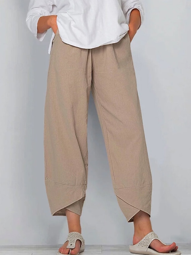  Pantalons Femme en Coton Lin Pantalons Amples Similaire au Lin Chinos Mode Basique Longueur Complète Taille Moyenne Poche Unie à Cordon Confortable Extérieur Micro-élastique Vacances Street Quotidien
