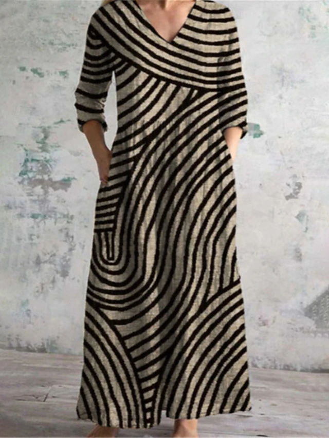 Women's Long Dress Maxi Dress Casual Dress Summer Dress Boho Dress Fashion Vacation Daily Weekend Regular Fit Geometric Long Sleeve V Neck Black Khaki Apricot Summer4