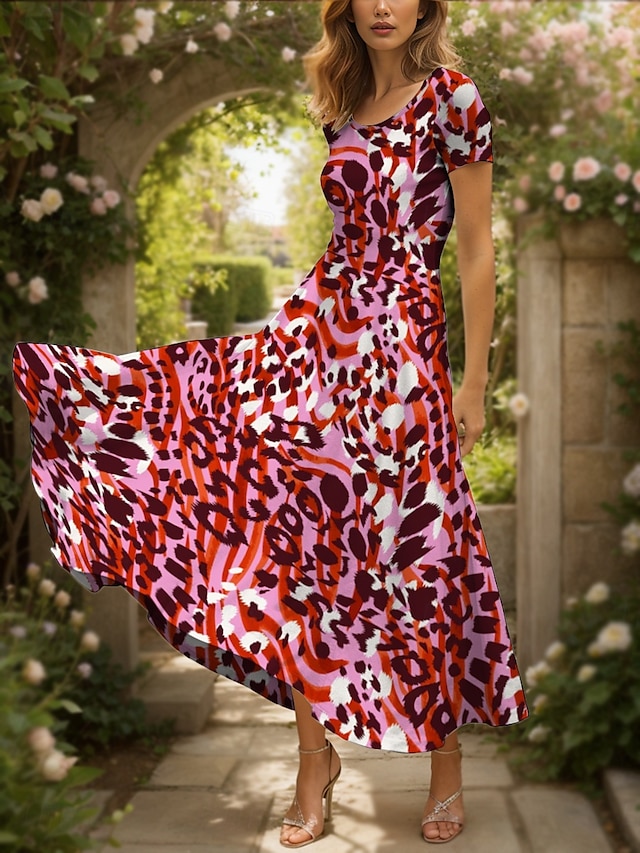  Femmes Robe maxi Robe Décontractée Robe trapèze Robe d'été Vacances ancien Ethnique Coupe régulière Graphique Léopard Géométrique Manche Courte Col carré Rose Claire Été Printemps