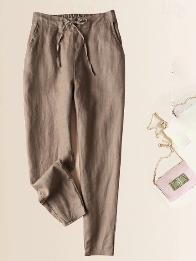  Mulheres Calças de linho de algodão Calças Calças Harem Casual Comprimento total Natural Tecido Bolsos Design de cordão elástico Exterior Confortável Rua Roupa Diária Adamascado Preto Branco Rosa