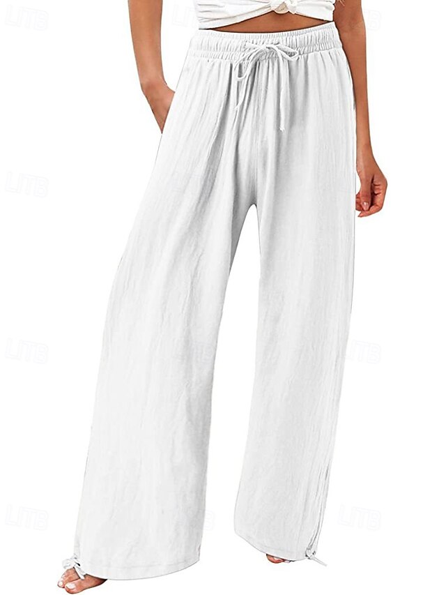 Women's Cotton Linen Pants Culottes Wide Leg Slacks Casual Full Length Natural Plain Pocket Elastic Drawstring Design Comfy Outdoor Comfortable Street Going out Grey White Army Green Summer Regular4