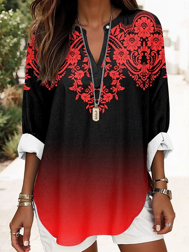 Damen Boho Bluse Ombre Grafik Geometrisch Elegant Täglich Langarm V-Ausschnitt Reguläre Tops Tägliche Druck Weiß Rot Blau Lila Sommer Frühling