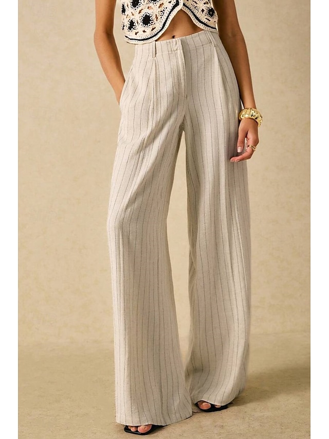  Femmes Pantalon en coton et lin Slacks Mode Streetwear Longueur complète Naturel Rayé Avec Poches Confortable Sortir Week-end Abricot Été Coupe régulière