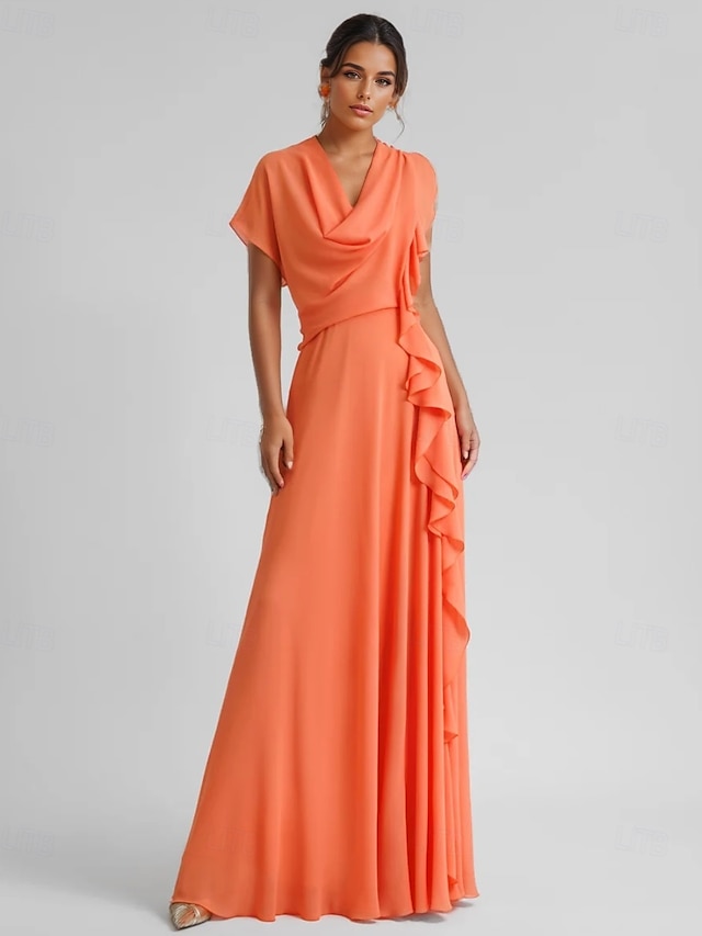  Robe de cocktail jaune élégante en crêpe extensible à volants froncés, longueur au sol, manches 3/4, col en V, pour invité de mariage, 2025
