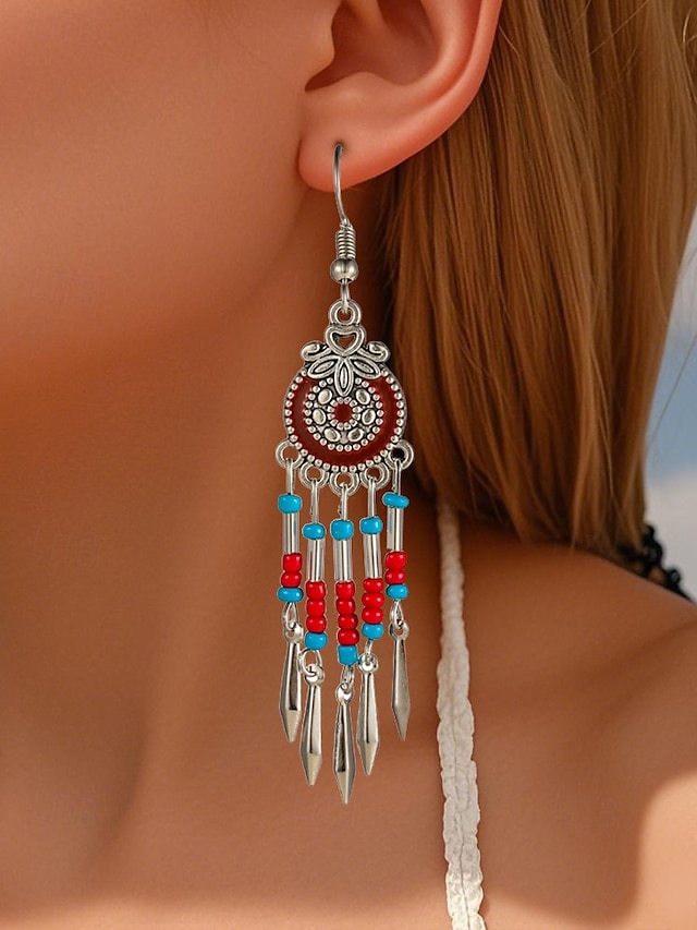  Bohemian Style Beaded Dangle Earrings for Women - Colorful Red and Blue, Tribal Chic, Perfect for Summer, Festivals and Casual Outfits