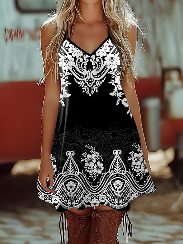  Dámské Boho šaty Západní šaty Vintage mini šaty Sundress A-line šaty Slip šaty Off The Shoulder šaty Dovolená Neformální Boho Vycházkové Plážové Regular Fit Květnové Grafické Geometrické Bez rukávů V