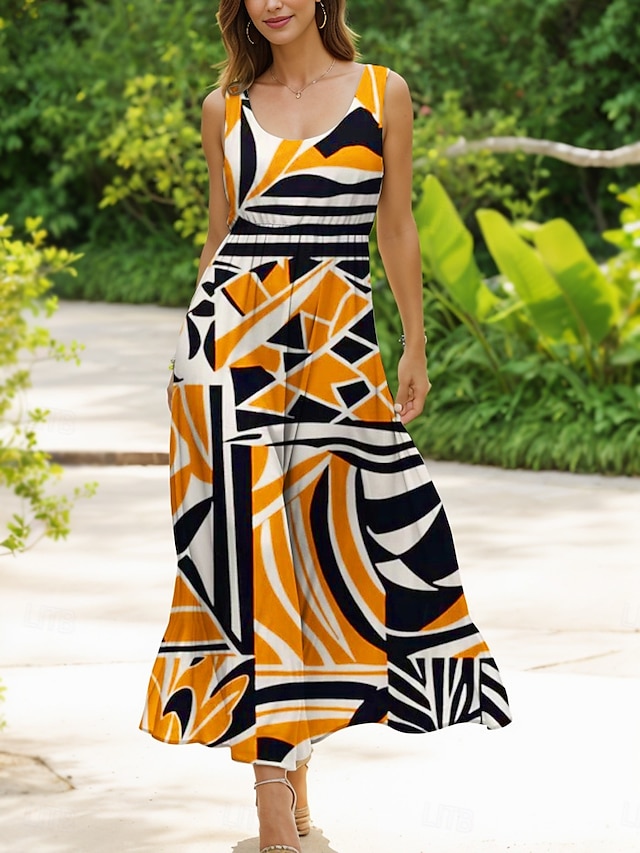  Damen Midikleid Freizeitkleid Sommerkleid A Linie Kleid Schulterfreies Kleid Urlaub Lässig Normale Passform Grafik Geometrisch Abstrakt Ärmellos U-Ausschnitt Rundausschnitt Gelb Blau Grün Sommer