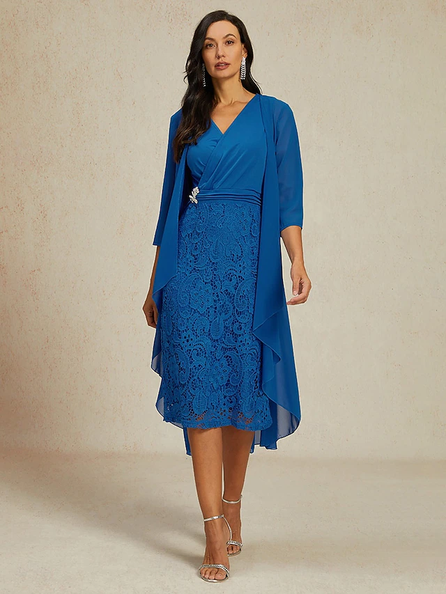 Women's Wedding Guest Cocktail Dress Elegant Two Piece Dress Set Lace Chiffon Midi Dress V Neck Long Sleeve Plain Regular Fit Wine Blue Fall Winter 10