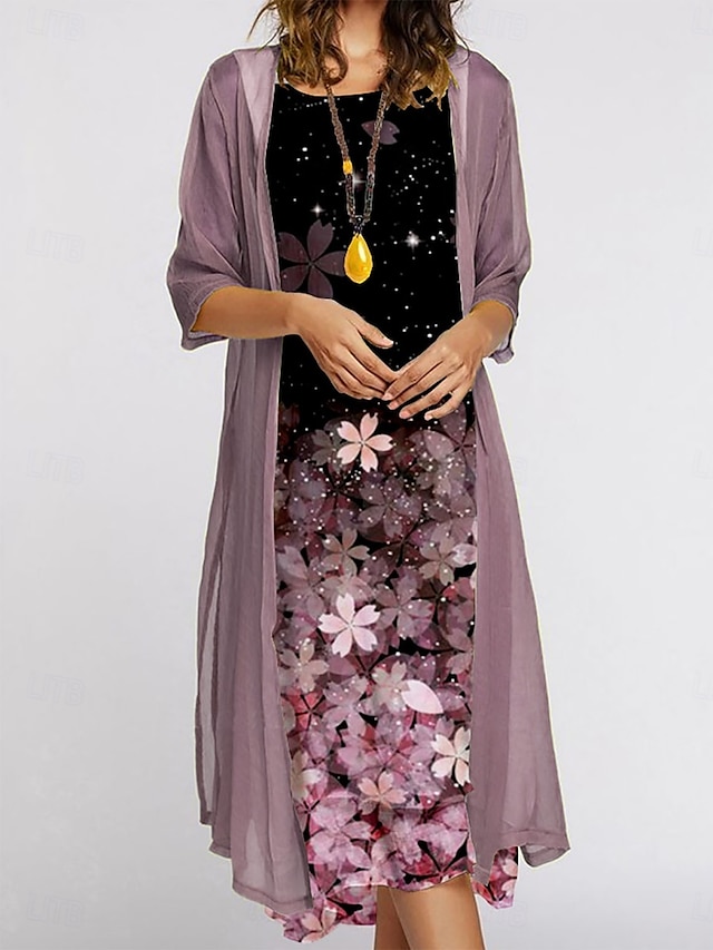  Per donna Insieme del vestito Abito Estivo Casual Floreale Stampato Abito Midi Manica 3/4 Girocollo All'aperto Quotidiano Rosa Blu Verde Estate Primavera Vestibilità regolare