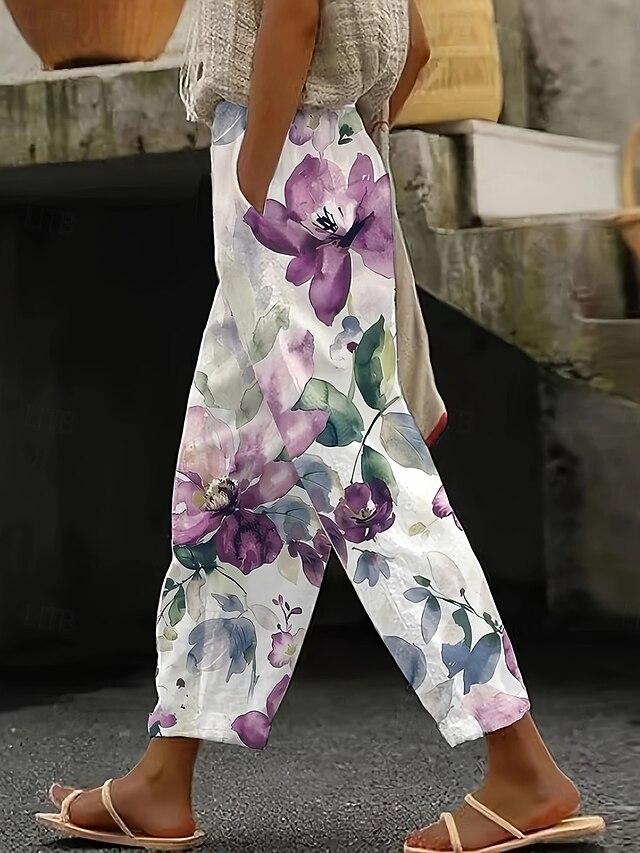 Women's Cotton Linen Pants Baggy Pants Linen Like Beach Shorts Vacation Vintage Fashion Full Length High Waist Floral Graphic Printing Thermal Warm Breathable Soft Micro-elastic Causal Violet4