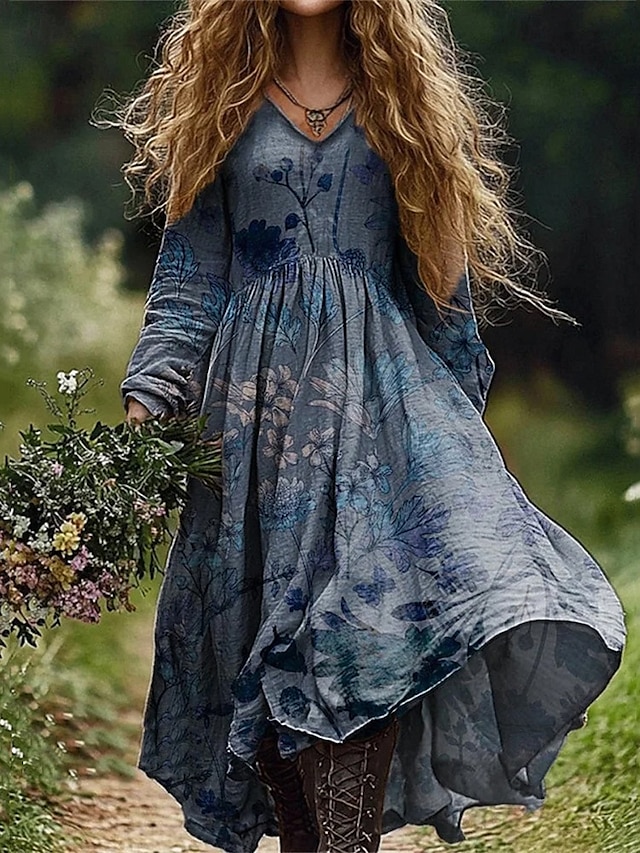  Damen Langes Kleid Maxikleid Freizeitkleid Boho-Kleid Elegant Mode Romantisch Outdoor Urlaub Ferien Normale Passform Blume Langarm V Ausschnitt Blau Sommer Frühling