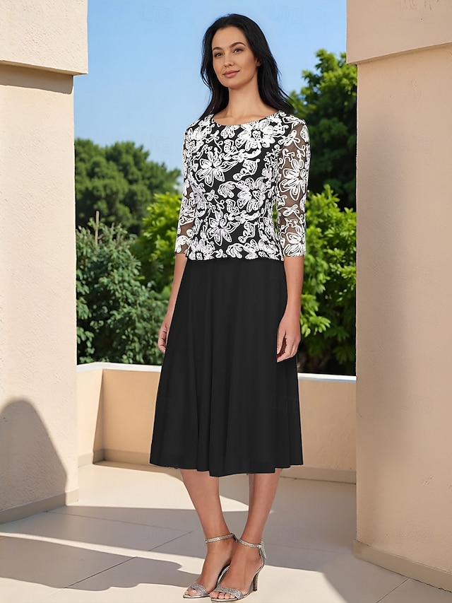  Florale Paspel Brautmutterkleid Elegant Vintage Einfach Rundhalsausschnitt Tee-Länge Chiffon 3/4-Langarm