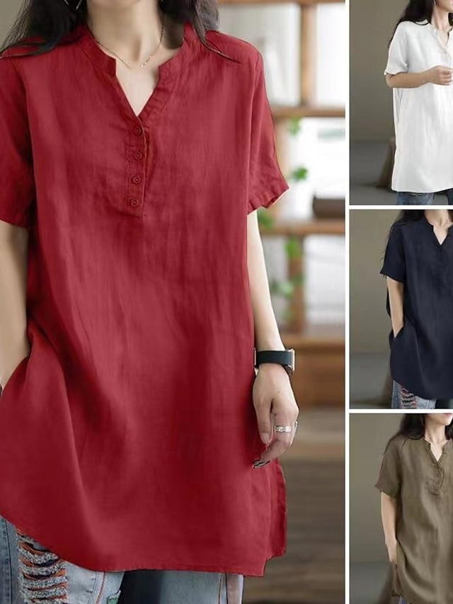  Dames Katoenen linnen overhemden Effen Dagelijks Stijlvol Basic Korte mouw V-hals Normale tops Werk Dagelijks Feestdagen Zak Zwart Wijn Khaki Zomer Lente