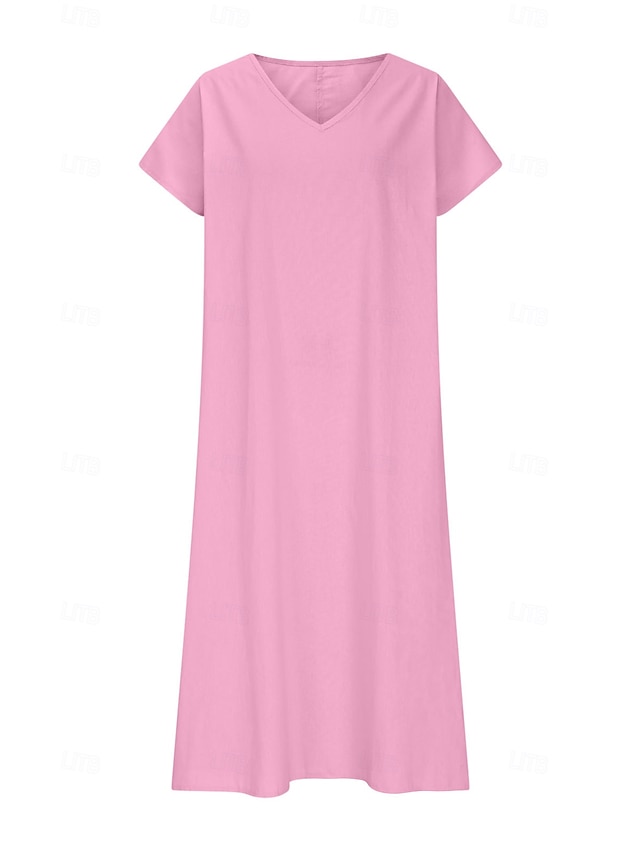  Women's Midi Dress Sundress Summer Dress Casual Daily Holiday Beach Regular Fit Linen Like Plain Short Sleeve V Neck White Pink Blue Green Summer